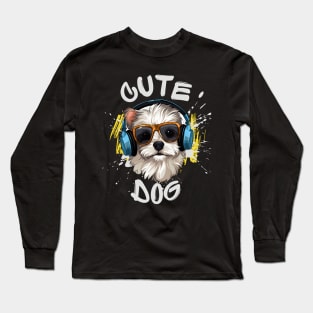 Musical Pup 2024 A Cute Dog With Headphones Art Print Rhythmic Pup Adorable Dog Music Lover Illustration Harmonic Hound Cute Dog Enjoying Beats Artwork Long Sleeve T-Shirt